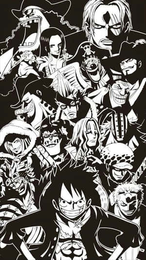 《One Piece》動漫角色的黑白拼貼，表情強烈。