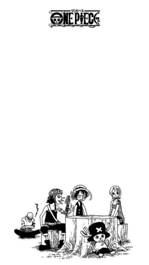 One Piece 漫畫角色以黑白形式聚集在樹樁周圍。 — 海賊王 壁紙