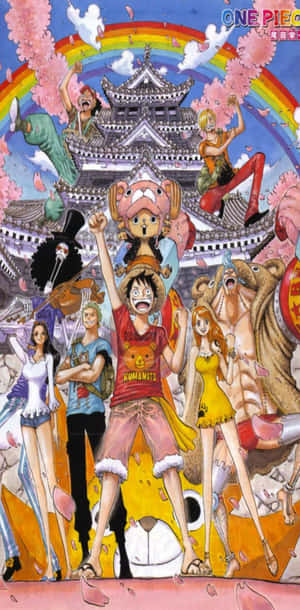 One Piece 船員在彩虹下歡呼，身後有櫻花和城堡。 — 精細 壁紙