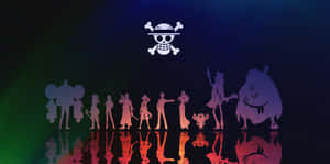 One Piece 船員剪影在 Jolly Roger 下，帶有彩色漸變背景和反射。