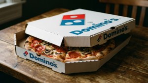 木桌上Domino's盒子裡的意大利辣香腸和蘑菇披薩