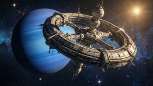 一個大型太空站圍繞著一顆藍色行星運行，背景有星星和明亮的太陽。