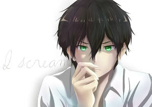 動漫男孩，綠色眼睛，深色頭髮，白色襯衫，手靠近嘴巴，若有所思的表情。