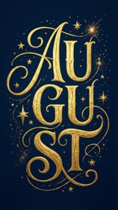 深藍色背景上嘅金色August字體同星星。
