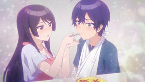 動漫女孩在閃爍的房間裡用湯匙餵男孩