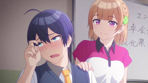 動畫男孩臉紅調整眼鏡，女孩在旁邊微笑的教室場景。