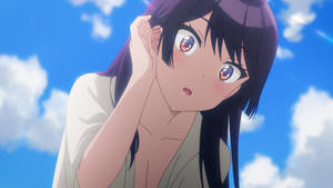 紫色頭髮和紅色眼睛的動漫女孩，在藍天白雲下顯得很驚訝。