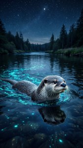 水獺在發光的河流中游泳，背景是星空