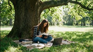 年輕女性在樹下看書，草地上有手提電腦和書本