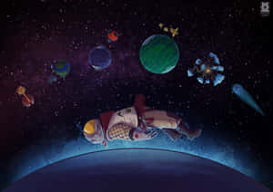太空人在藍色星球上方的太空中漂流，附近漂浮著色彩繽紛的外星世界。