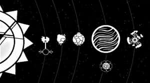 風格化的太陽系，行星和軌道以黑白呈現。
