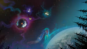 剪影松樹框住了星空下發光宇宙星雲和行星的景色。