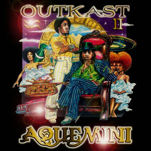 OutKast Aquemini專輯封面插圖，有兩名男子和女性，色彩繽紛的70年代風格。