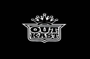 白色OutKast標誌帶皇冠在黑色背景上