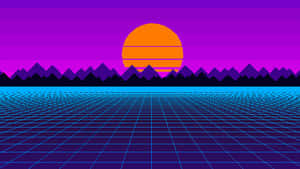 Vaporwave 日落，橙色太陽位於紫色山脈之上，藍色網格地平線。