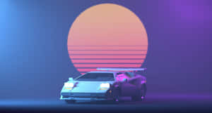 未來主義跑車在帶有水平條紋的發光霓虹日落之下。