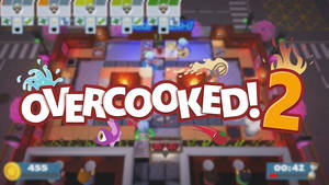 《Overcooked 2》遊戲場景，廚師們在繁忙的廚房裡烹飪，食物四處飛舞。