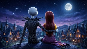 Jack Skellington 和 Sally 坐在山丘上觀看月光下的萬聖節小鎮。