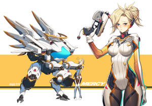 動漫角色 Mercy 與機甲，背景有一個小人物。
