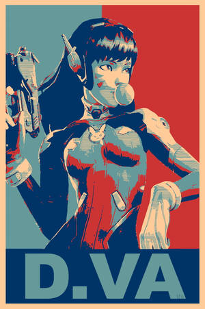 D.Va 穿著機甲服，以大膽的紅藍海報風格手持武器。
