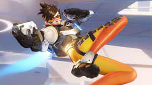 Overwatch特工在半空雙持手槍射擊，伴隨著發光的藍色能量軌跡。