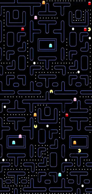 Pacman 遊戲迷宮，帶有鬼魂和點，黑色背景。