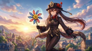動漫女孩穿棕色外套和帽子，在日落小鎮上手持發光花朵