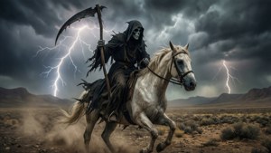 骷髏死神騎著白馬穿過暴風雨的沙漠，伴有閃電。