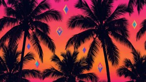 棕櫚樹剪影襯托粉紅橙色日落，漂浮幾何鑽石