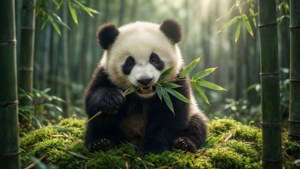 大熊貓在長滿苔蘚的竹林裡吃竹子。