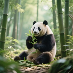 一隻大熊貓在綠色森林中吃竹子，柔和的光線穿過樹木。