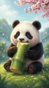 熊貓BB喺櫻花下食竹，綠色田野