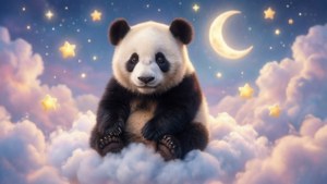 熊貓坐在雲上，夜空中有星星和新月