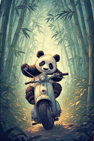 一隻熊貓騎著滑板車穿過竹林，陽光穿過樹木。