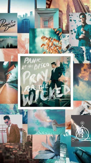 一幅色彩繽紛的拼貼畫，包含Panic! At The Disco的專輯藝術和城市景觀。 — 音樂 GIF 壁紙