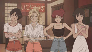 四個動漫女孩在日式房間，一個拿着杯子，另一個交叉雙臂，全部表情嚴肅。
