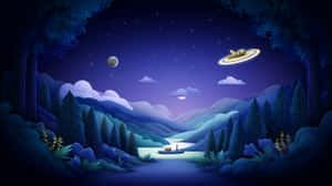 一個發光的UFO在夜間懸浮在河流山谷上方，被森林和山脈環繞，星空下。