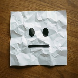 皺巴巴的白紙上有黑色眼睛和嘴巴，放在木桌上