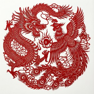 紅色剪紙設計，龍和鳳凰面對面，其間有火焰。