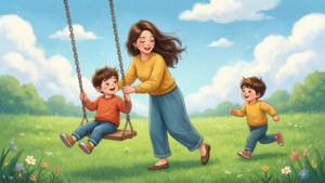 母親推著孩子盪鞦韆，另一個孩子在花田奔跑
