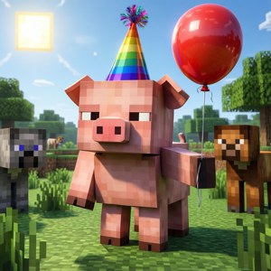 一隻Minecraft豬戴著彩虹派對帽，在草地上拿著紅色氣球。