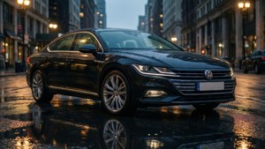 黑色福士偉根轎車停泊在夜間濕潤的城市街道上，帶有街燈倒影。