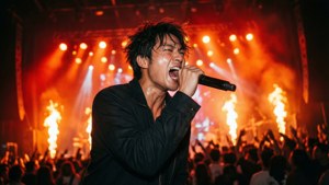 歌手在音樂會上熱情演出，伴隨火焰效果和歡呼的人群。
