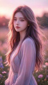 一位穿著飄逸連衣裙的女子在粉紅色夕陽下站在紫色花叢中。