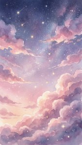 粉紅色和紫色的雲朵在星光閃爍的夜空下飄浮，帶有發光的星星和宇宙塵埃。
