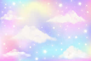 柔和的粉彩天空，雲朵和星星以彩虹色調發光。