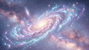 一個螺旋星系，帶有發光的藍綠色和粉紅色星雲，在繁星點點的紫色和藍色天空中閃耀