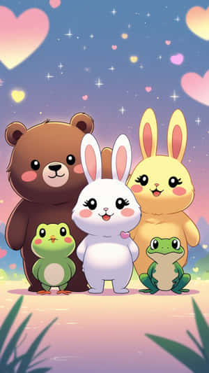 卡通動物群，包括熊、兔子和青蛙，在星空下有心形