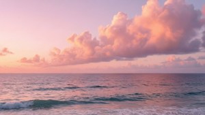 粉紅和紫色日落雲朵覆蓋平靜的海洋，溫柔的波浪湧入