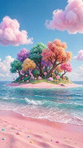 粉紅沙灘與碧綠海水相接，島上以糖果為主題，有色彩繽紛的樹木和棒棒糖，在粉紅雲朵下。